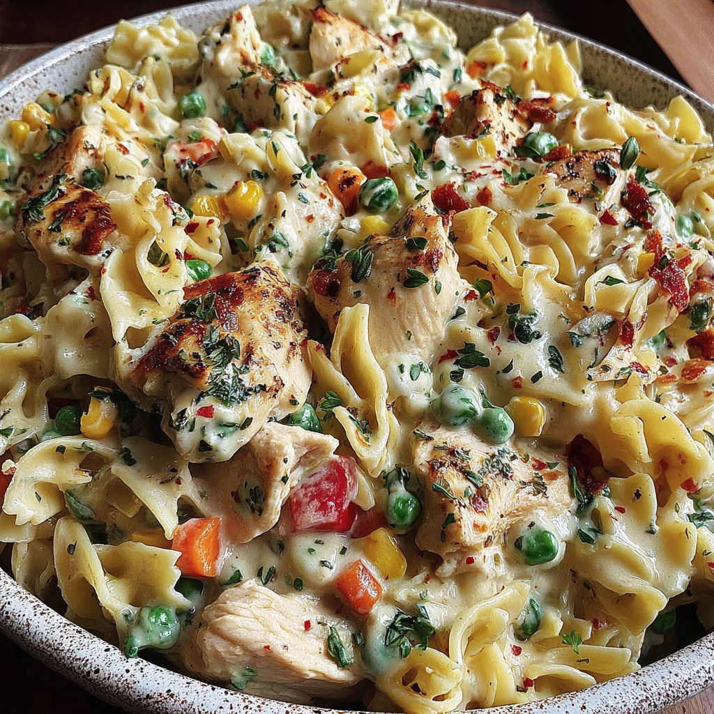 A bowl of chicken and pasta.