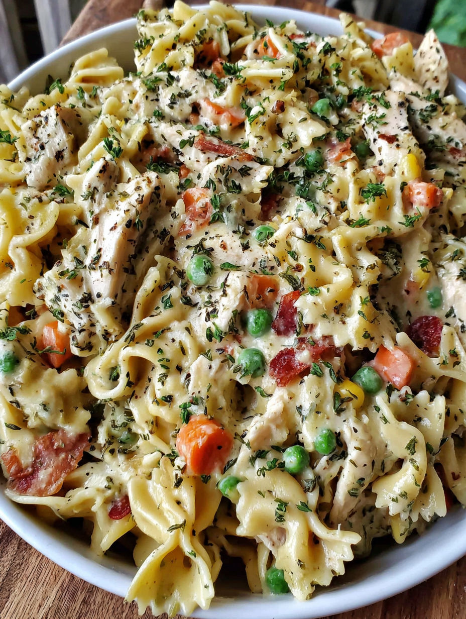 A bowl of pasta with chicken and peas.