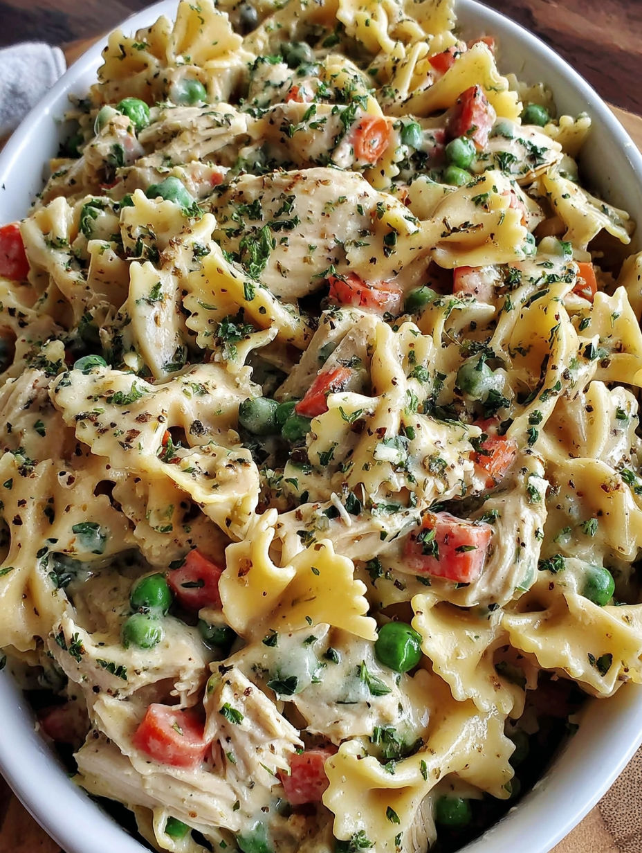 A bowl of pasta with chicken and peas.