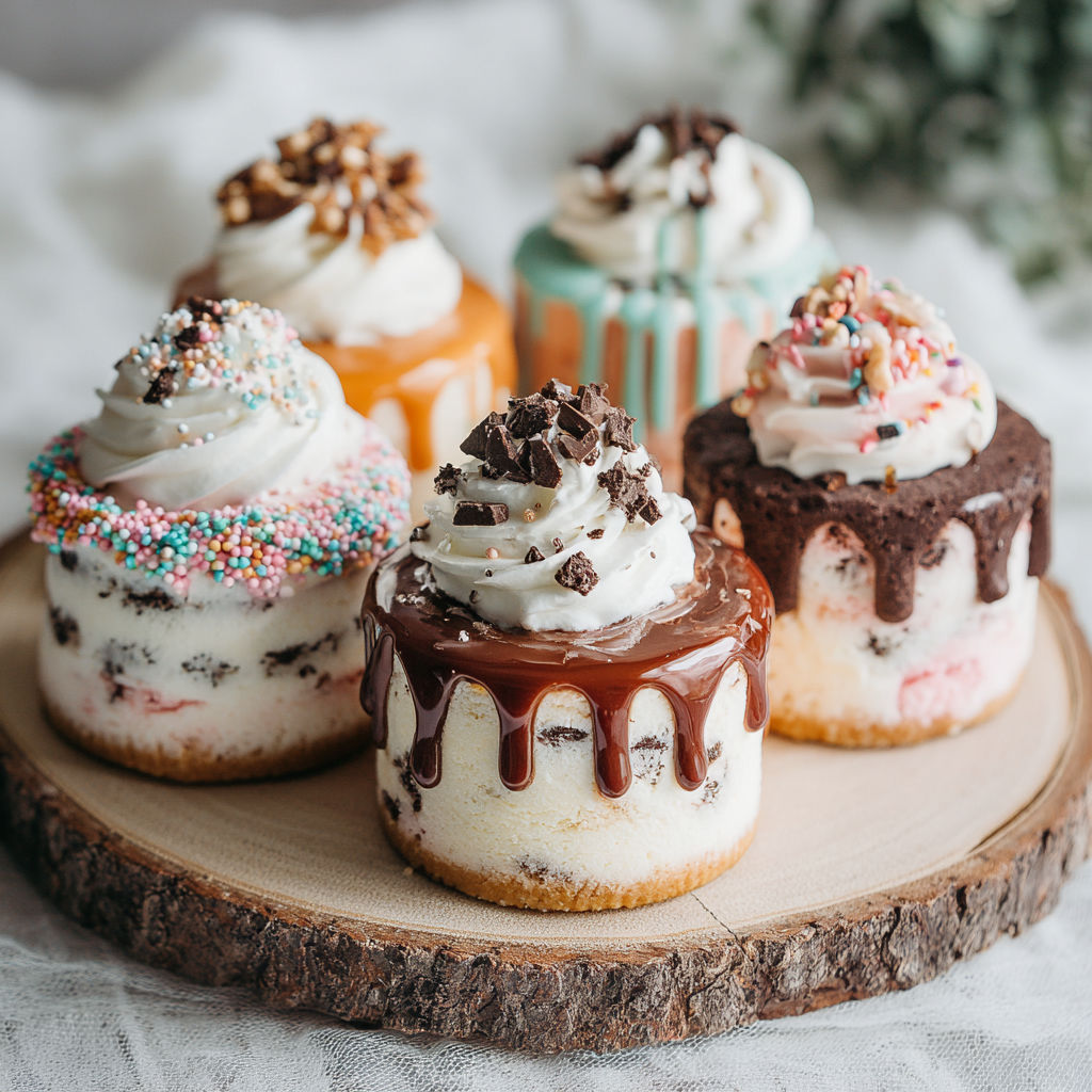 Four mini ice cream cakes with different flavors.