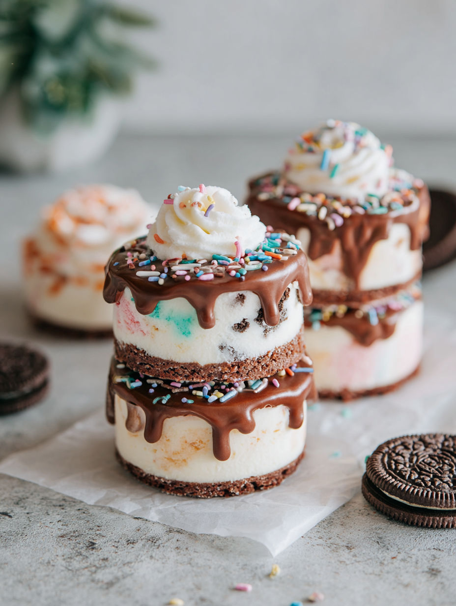 Three mini ice cream cakes with chocolate and white frosting.