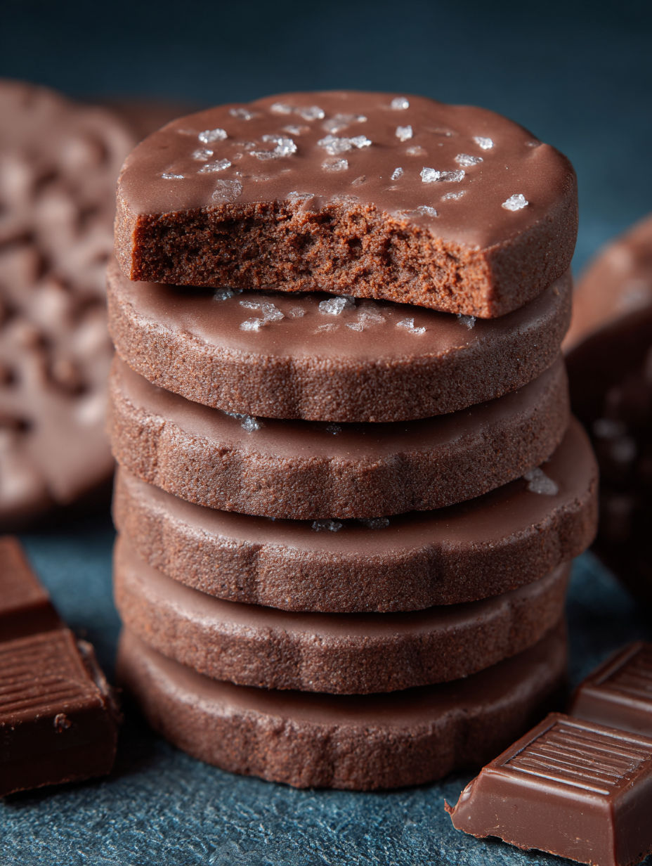 A stack of chocolate shortbread cookies.