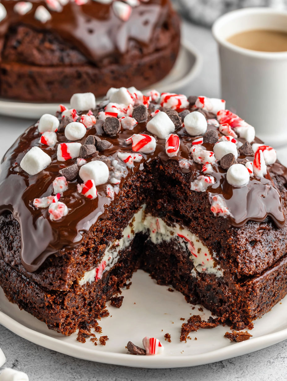 A slice of peppermint hot chocolate cake.