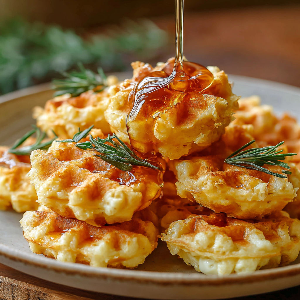 A plate of cornbread waffle bites with smoked gouda and honey.