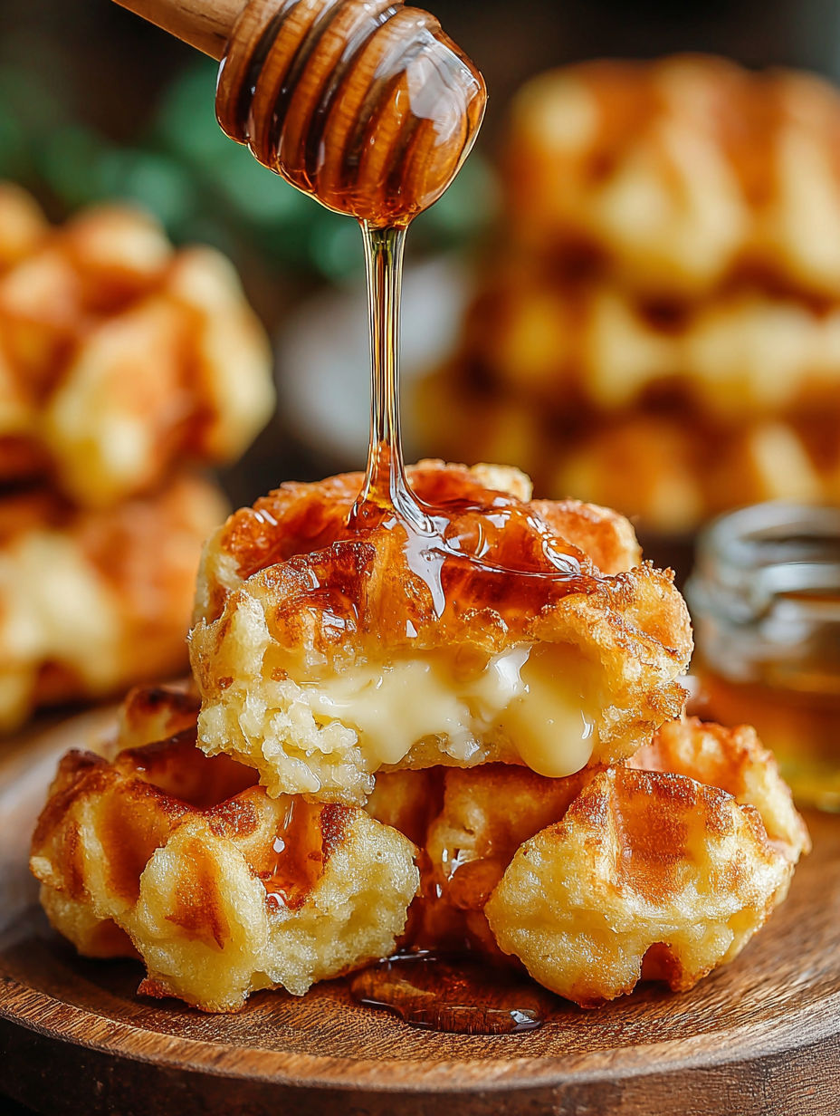 A stack of cornbread waffle bites with smoked gouda and honey.
