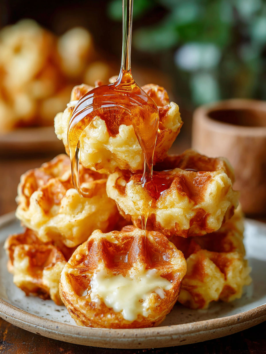 A stack of cornbread waffle bites with smoked gouda and honey.