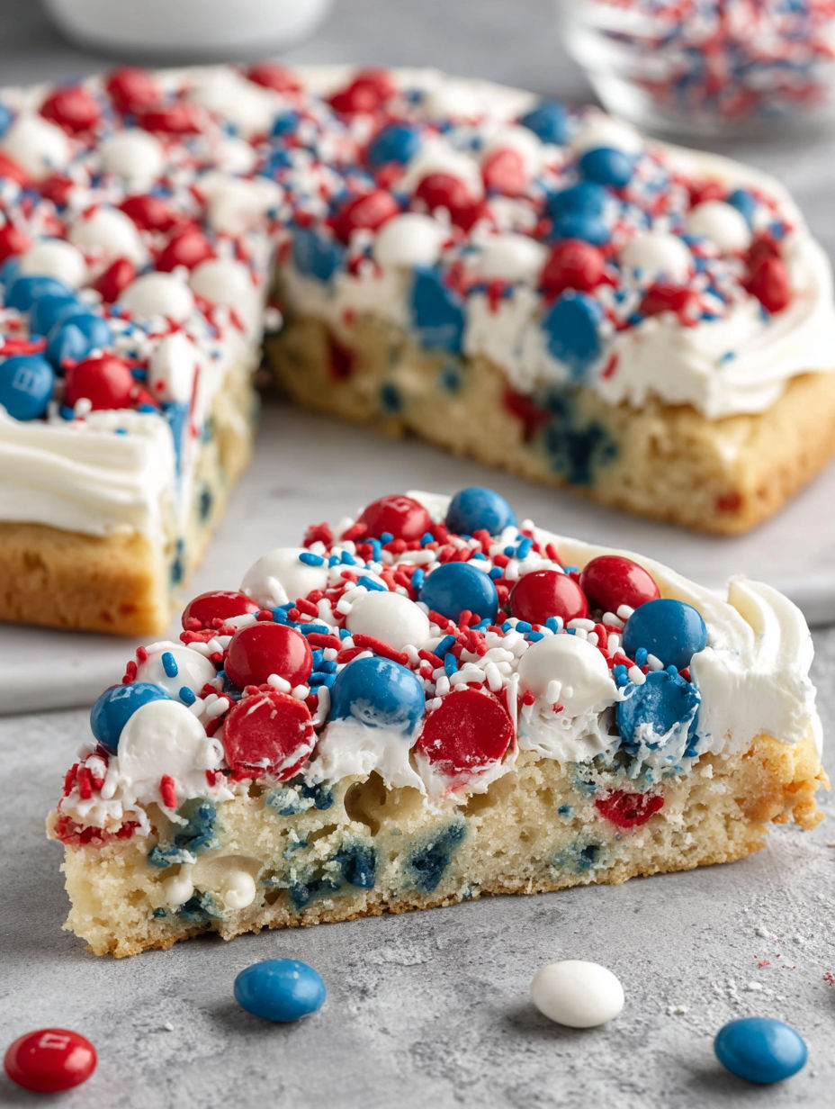 A slice of a sugar cookie cake with red, white and blue decorations.