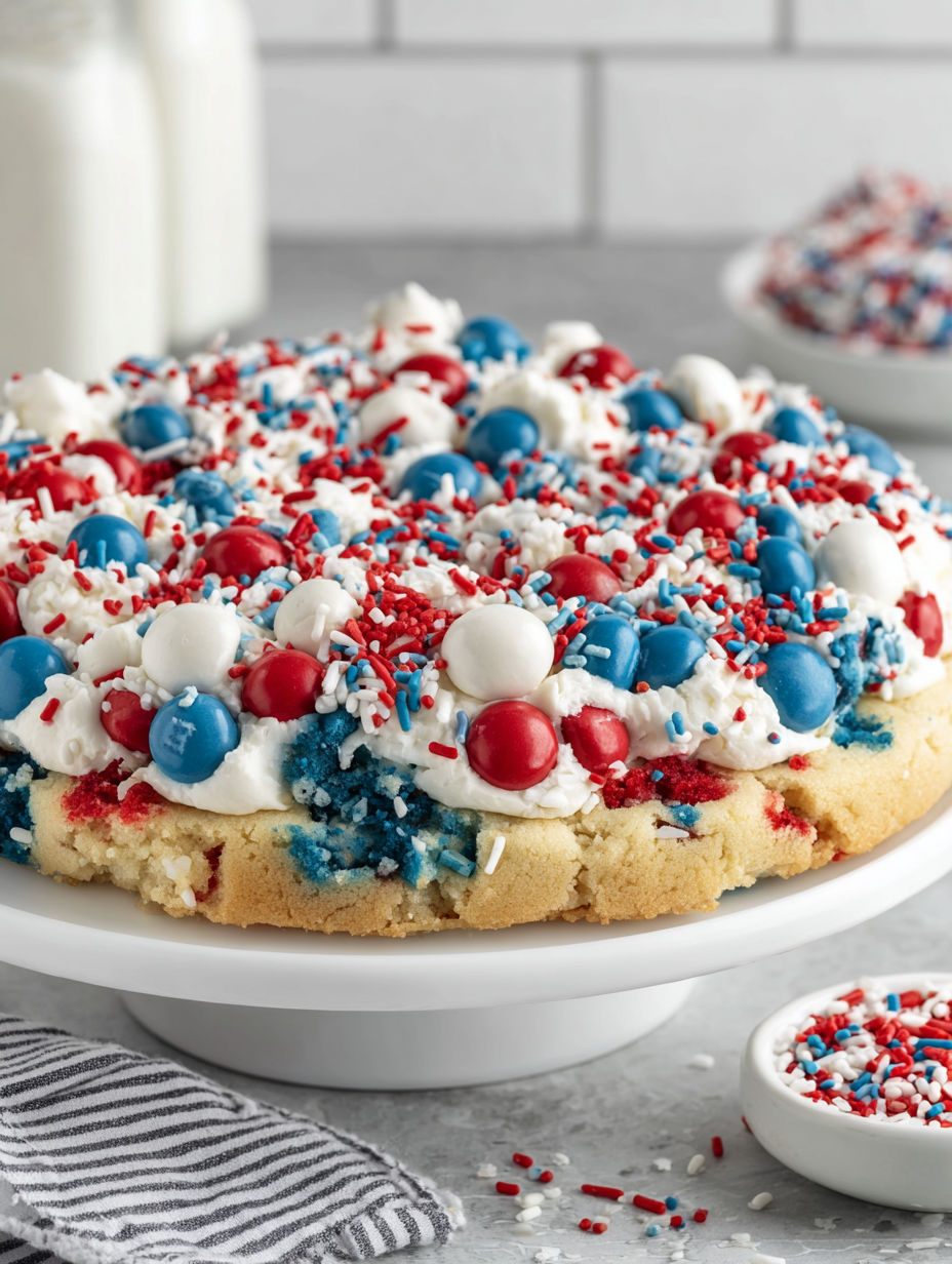 A cake with red, white and blue decorations.
