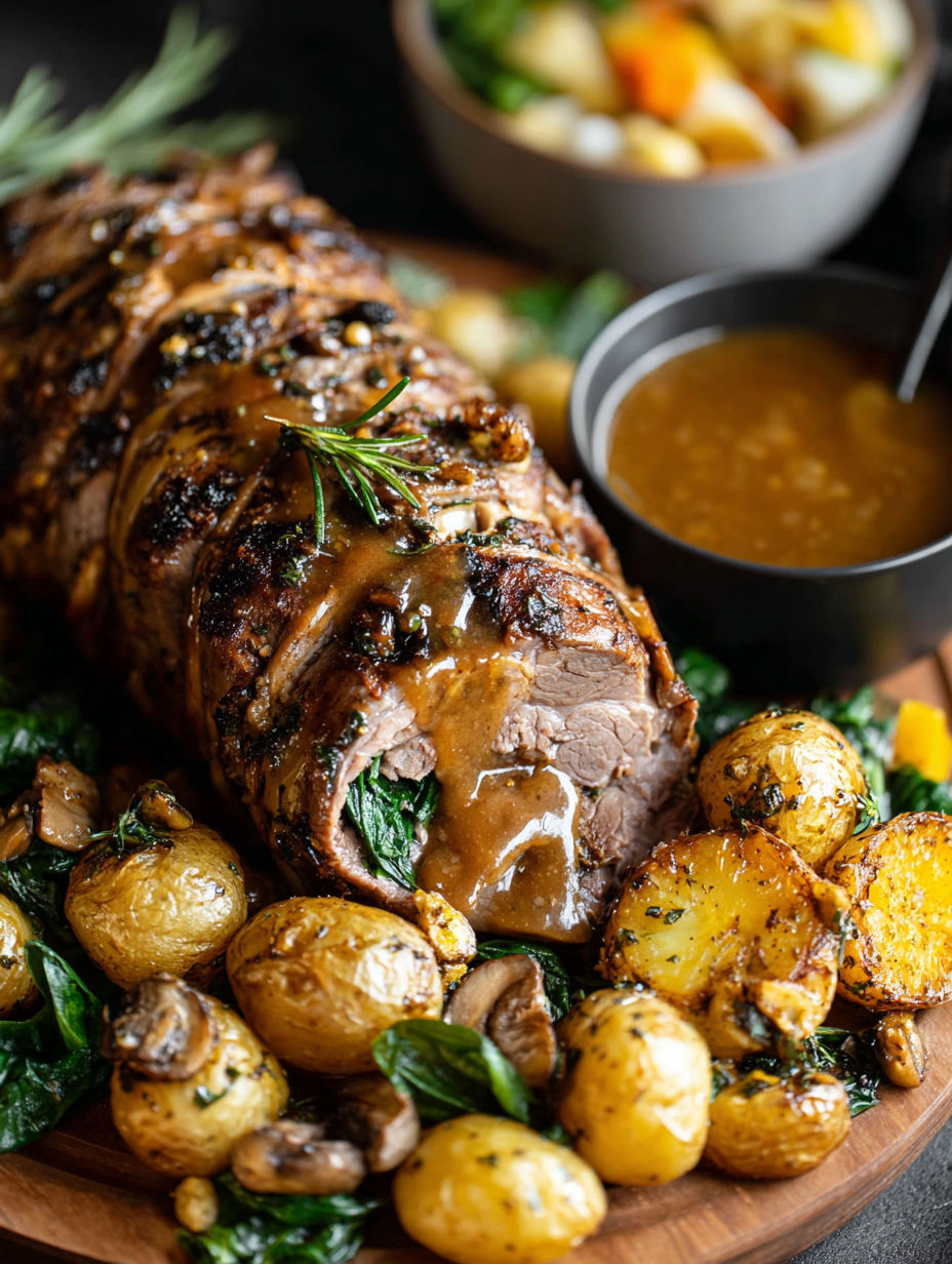 A roasted lamb with a gravy sauce.