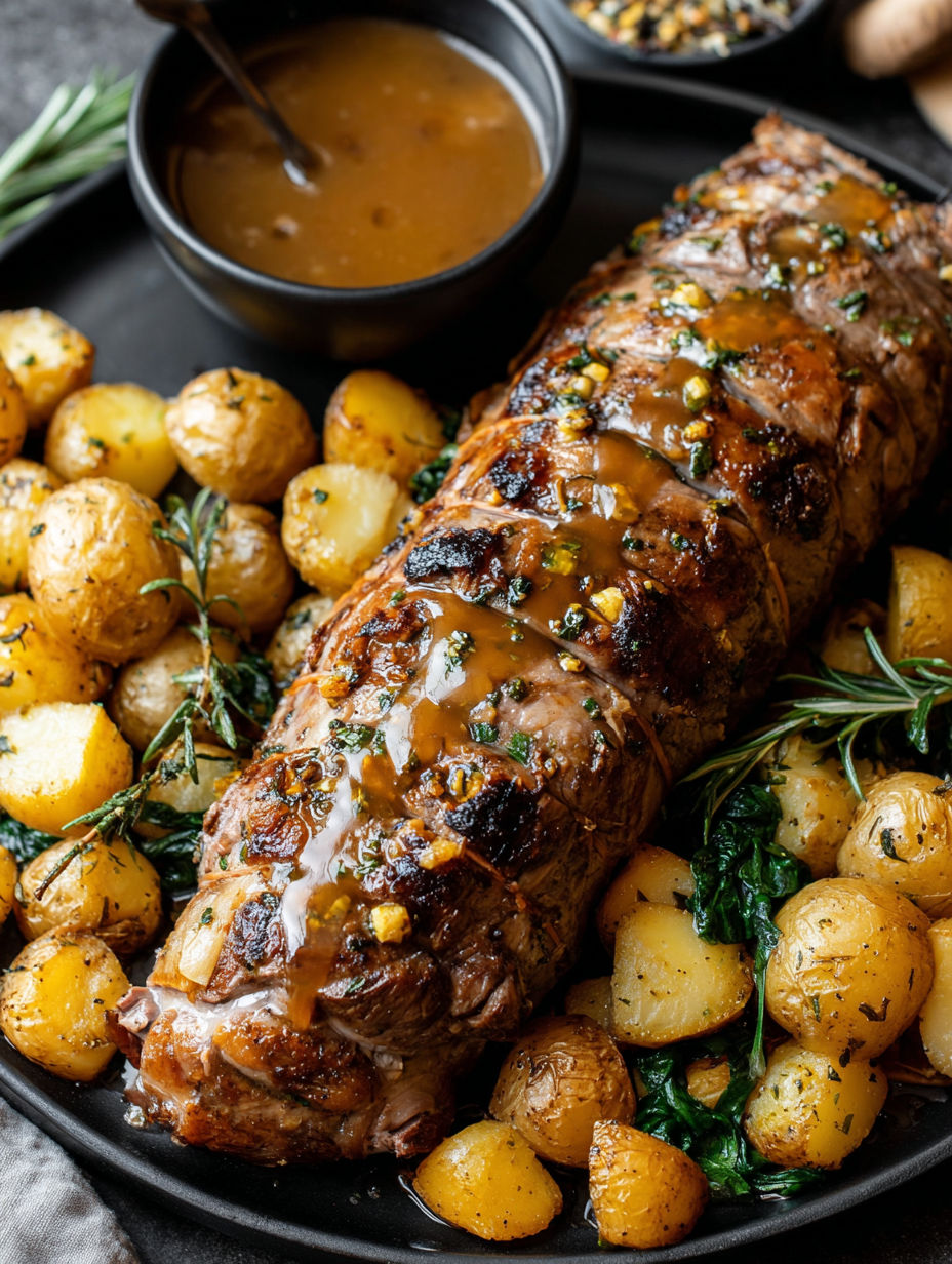 A roasted lamb with potatoes and gravy.