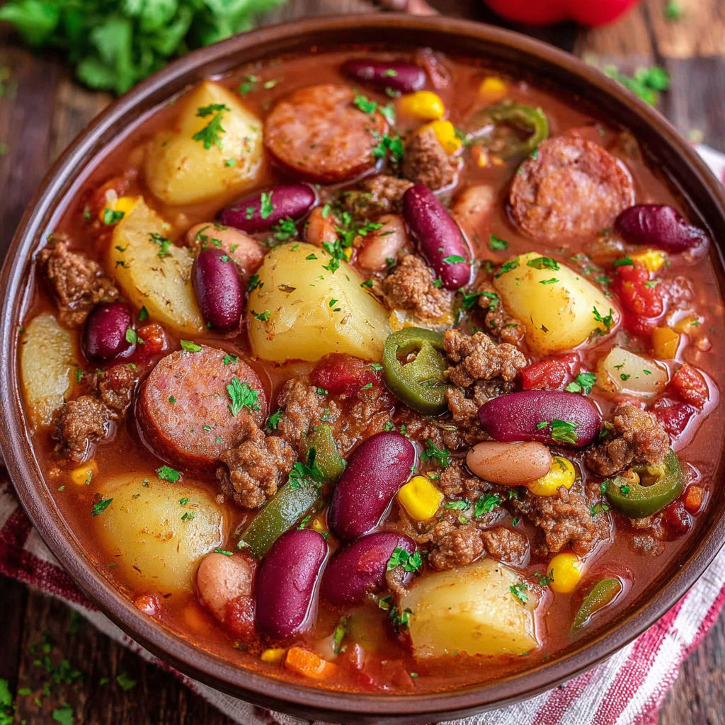 A bowl of stew with meat, beans, and potatoes.