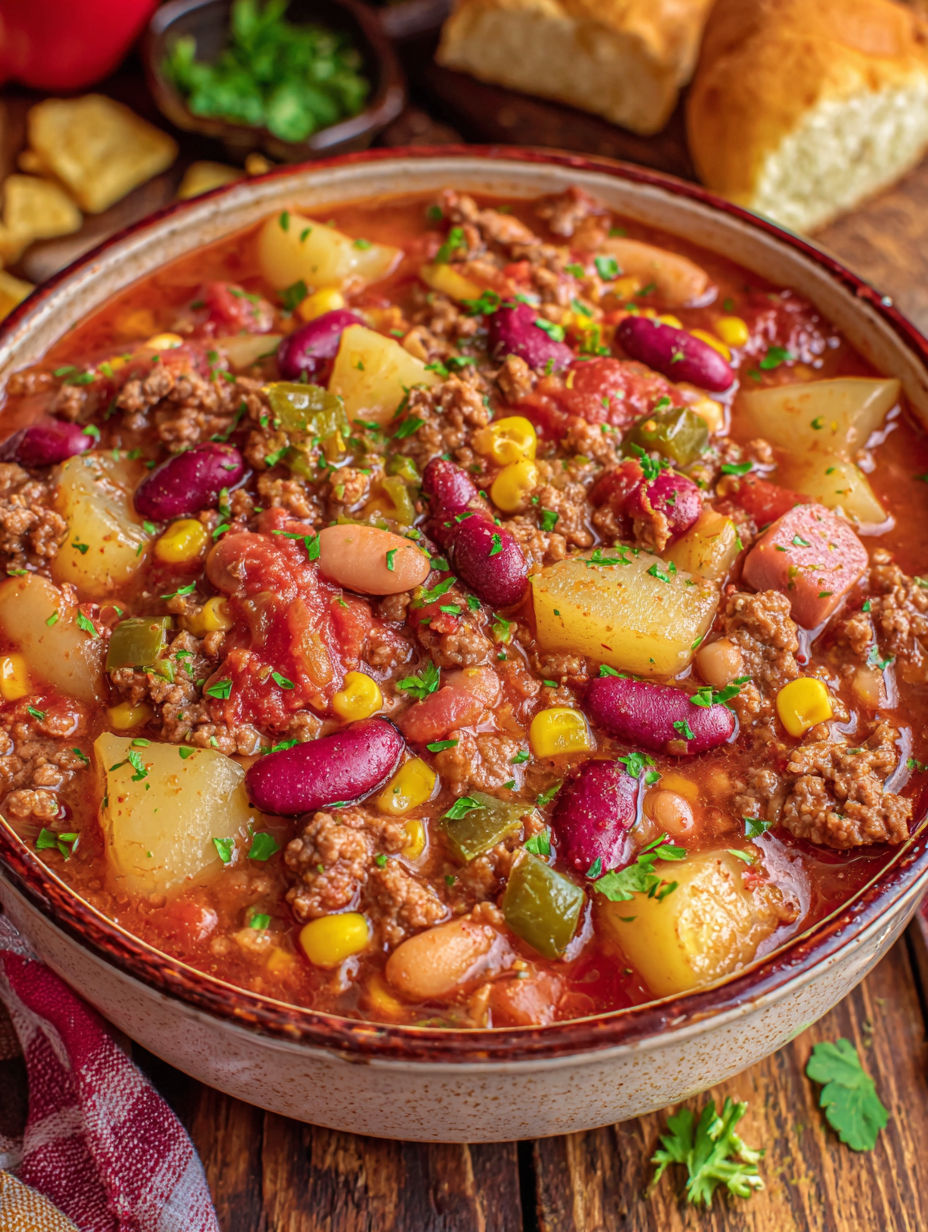 A bowl of chili with beans, corn, and potatoes.