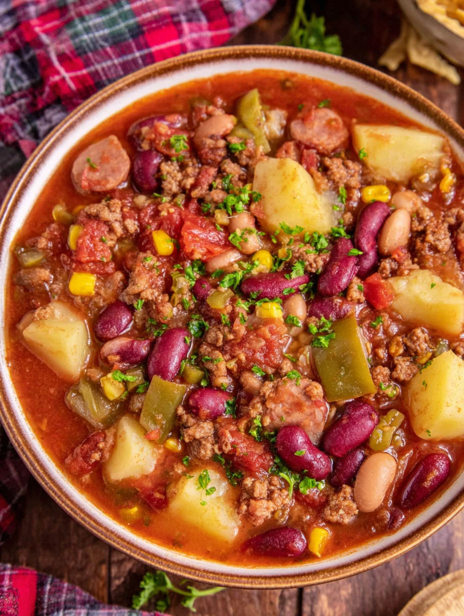 A bowl of soup with meat, beans, and potatoes.