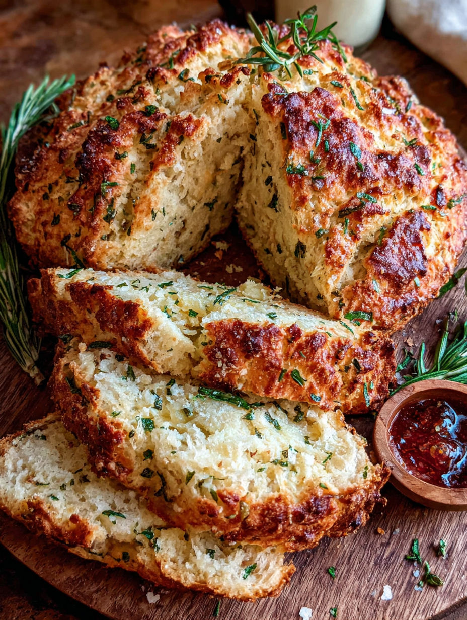 A slice of Irish soda bread with rosemary and sea salt.