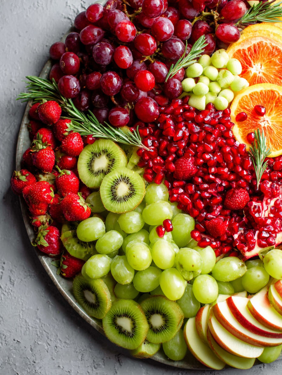 A fruit platter with kiwi, strawberries, grapes, and oranges.