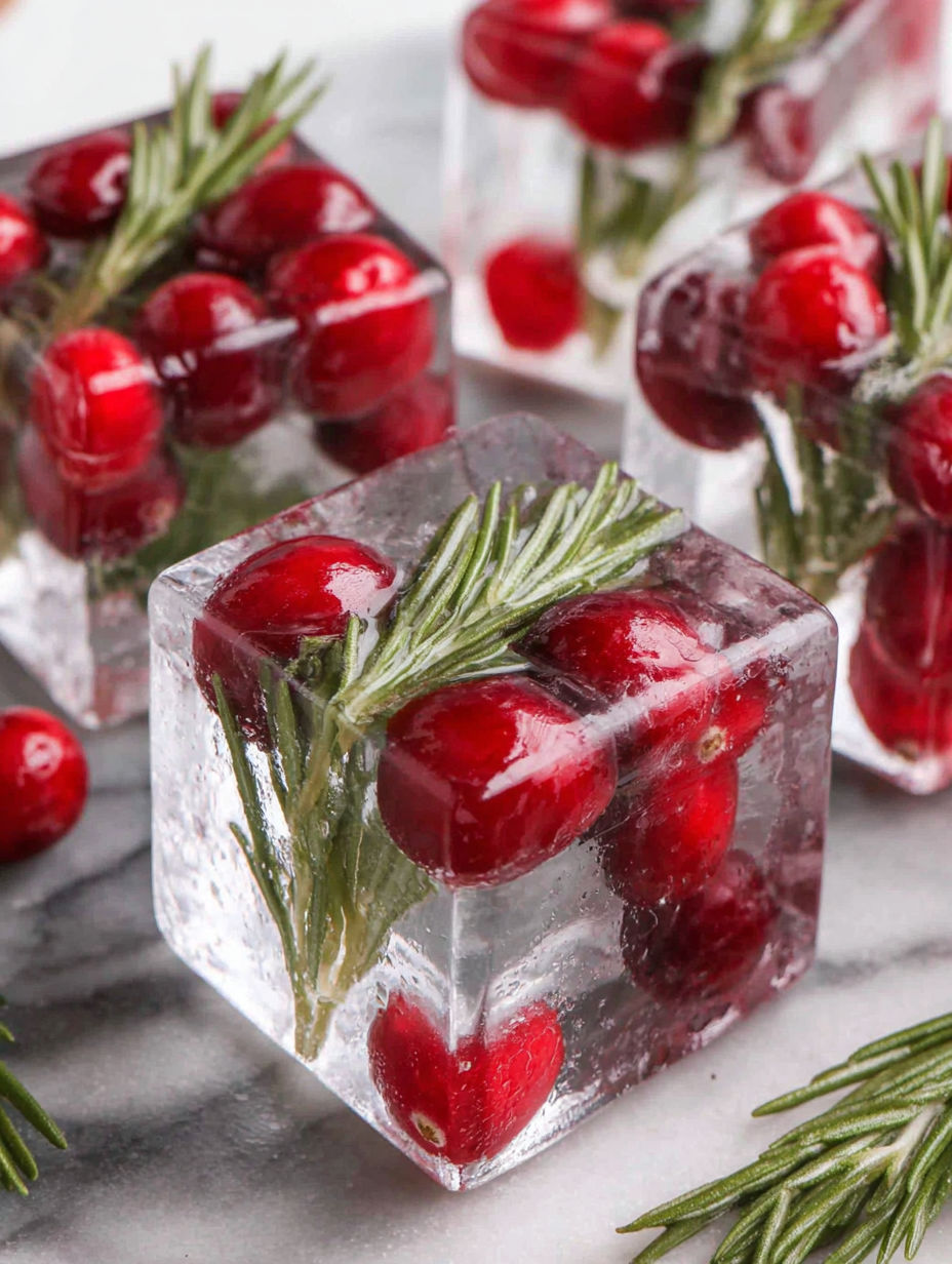 A close up of a red berry in a glass of ice.