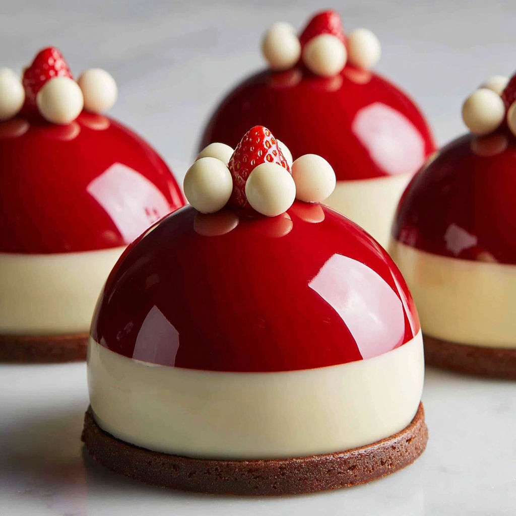 Red and white cake with strawberries on top.