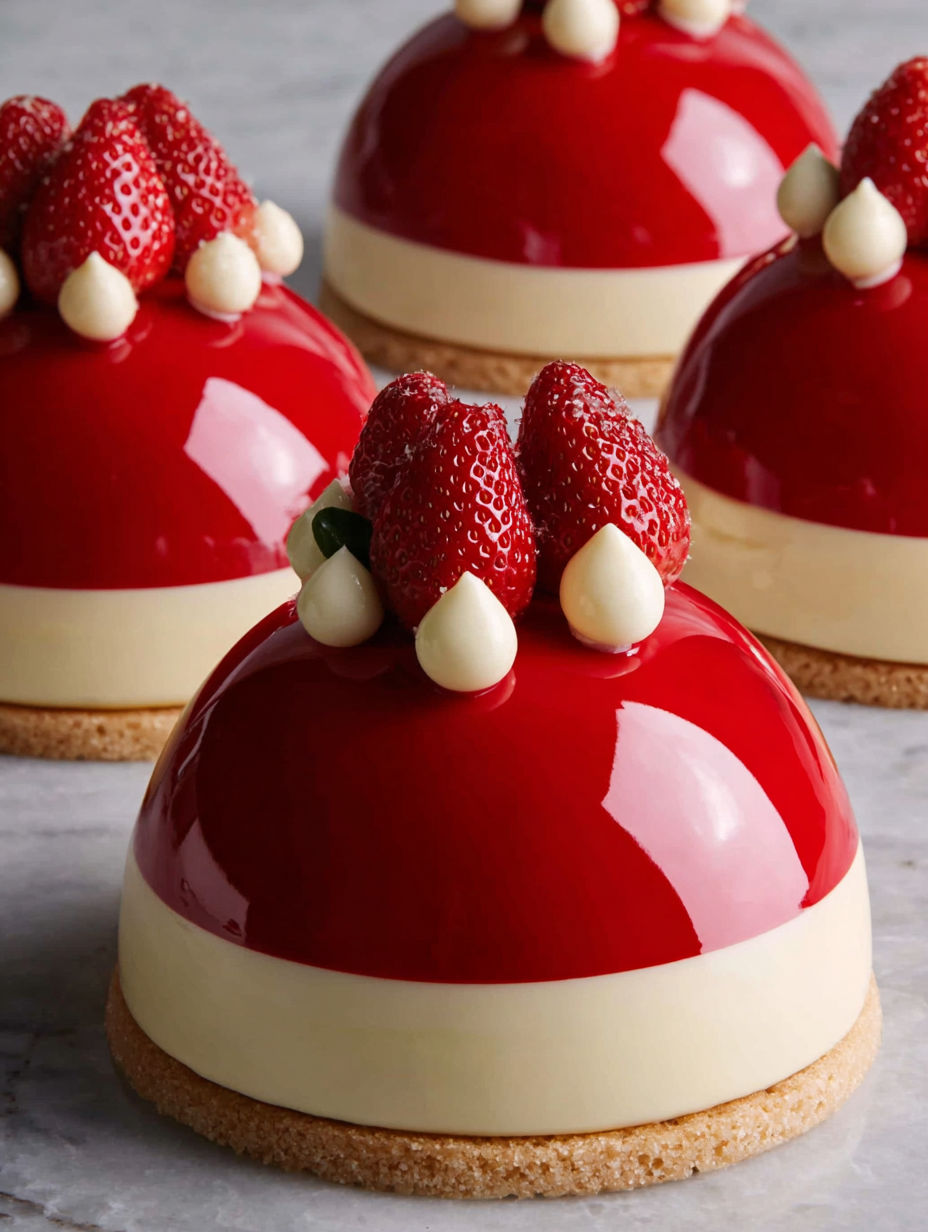 A red and white cake with strawberries on top.