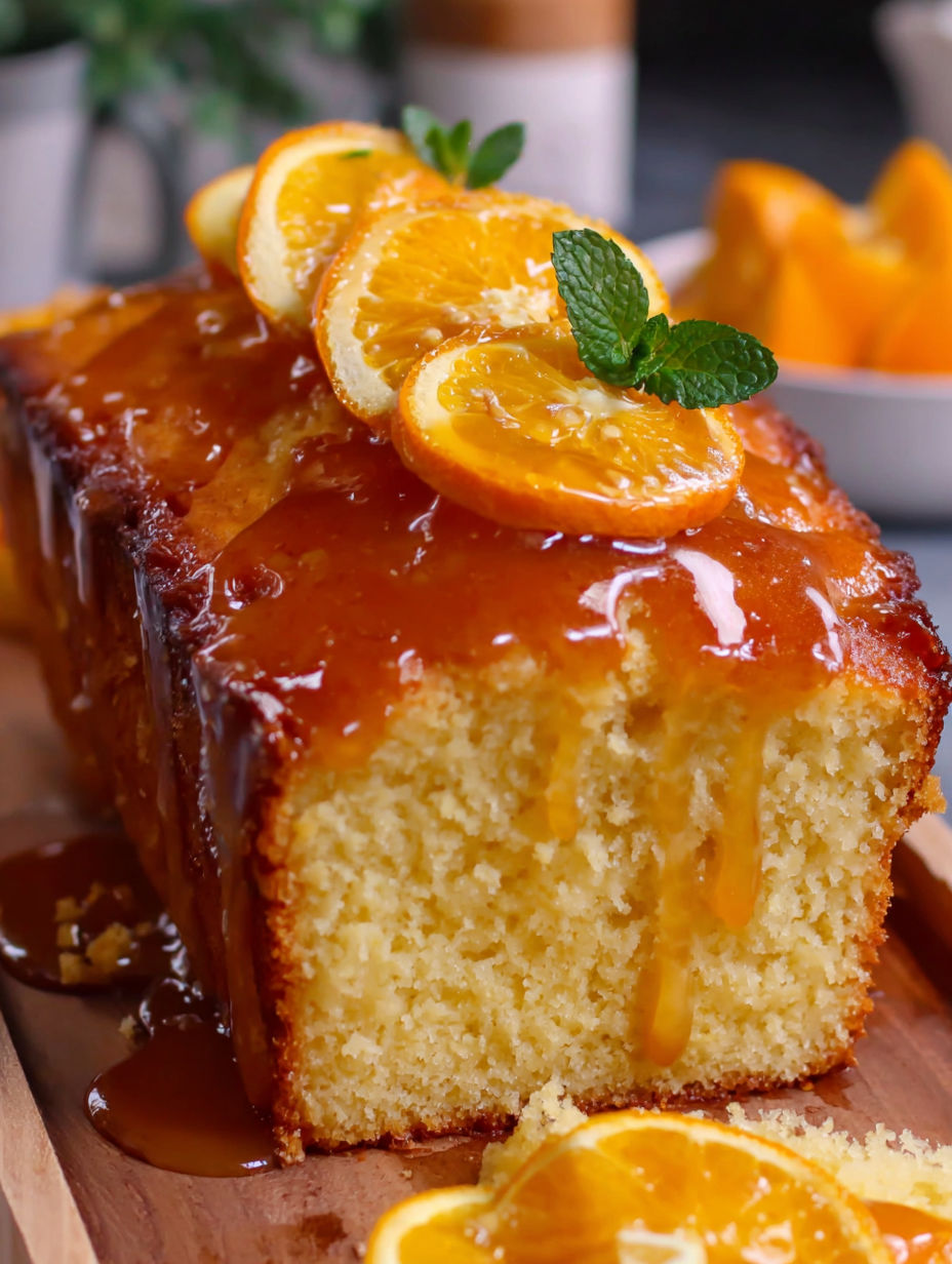 A slice of orange syrup cake with a lemon wedge on top.