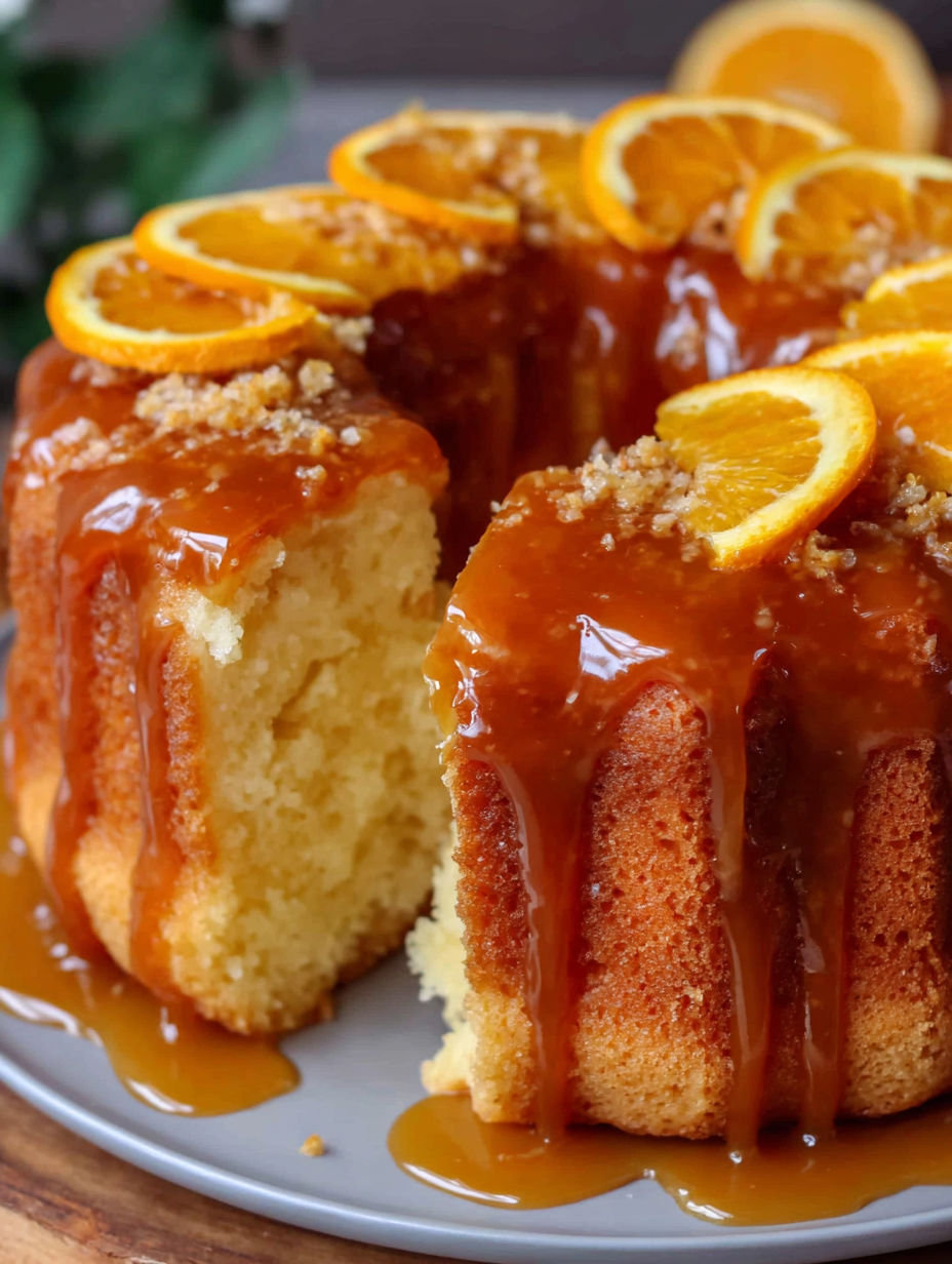 A slice of orange syrup cake with a drizzle of caramel sauce.