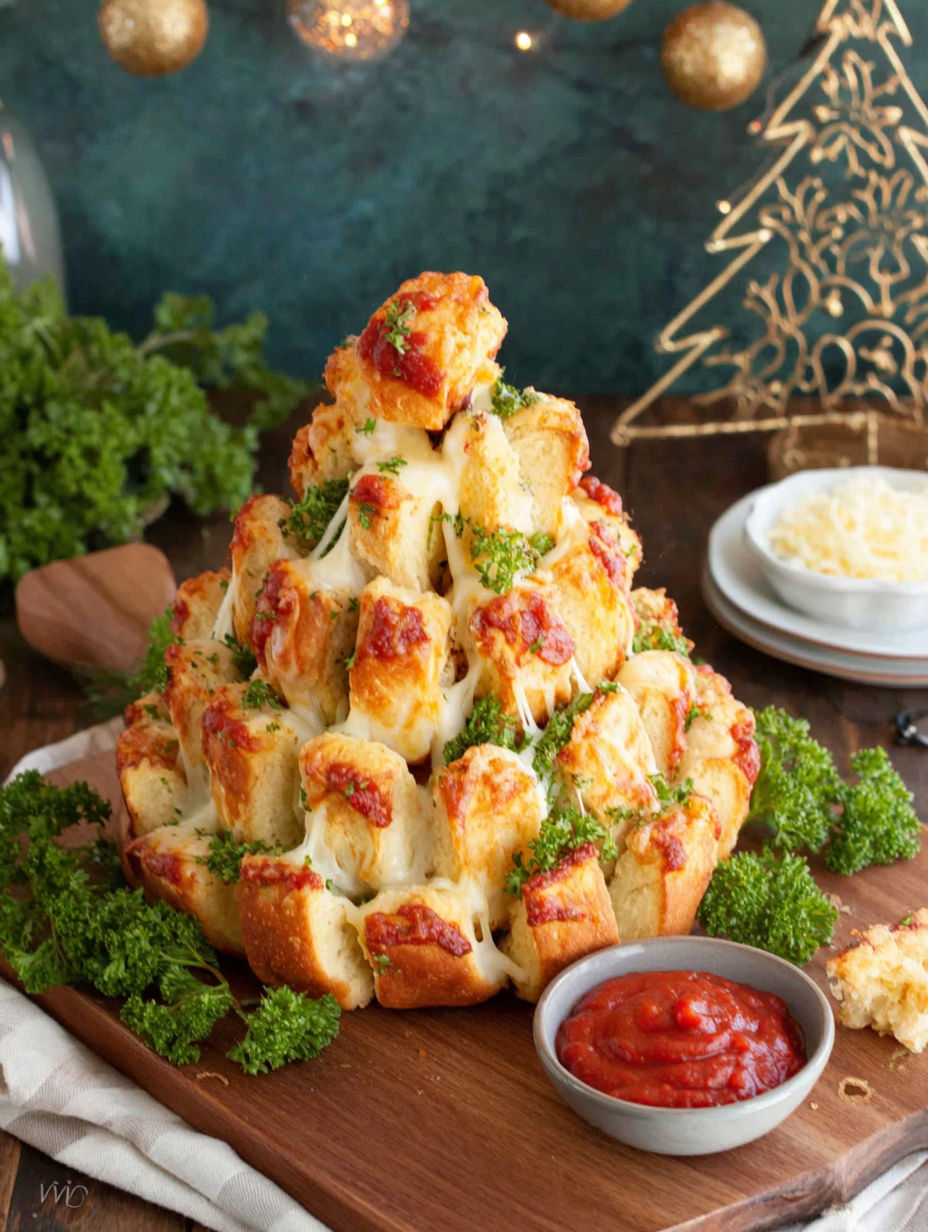 A cheesy pull-apart Christmas tree bread with marinara.