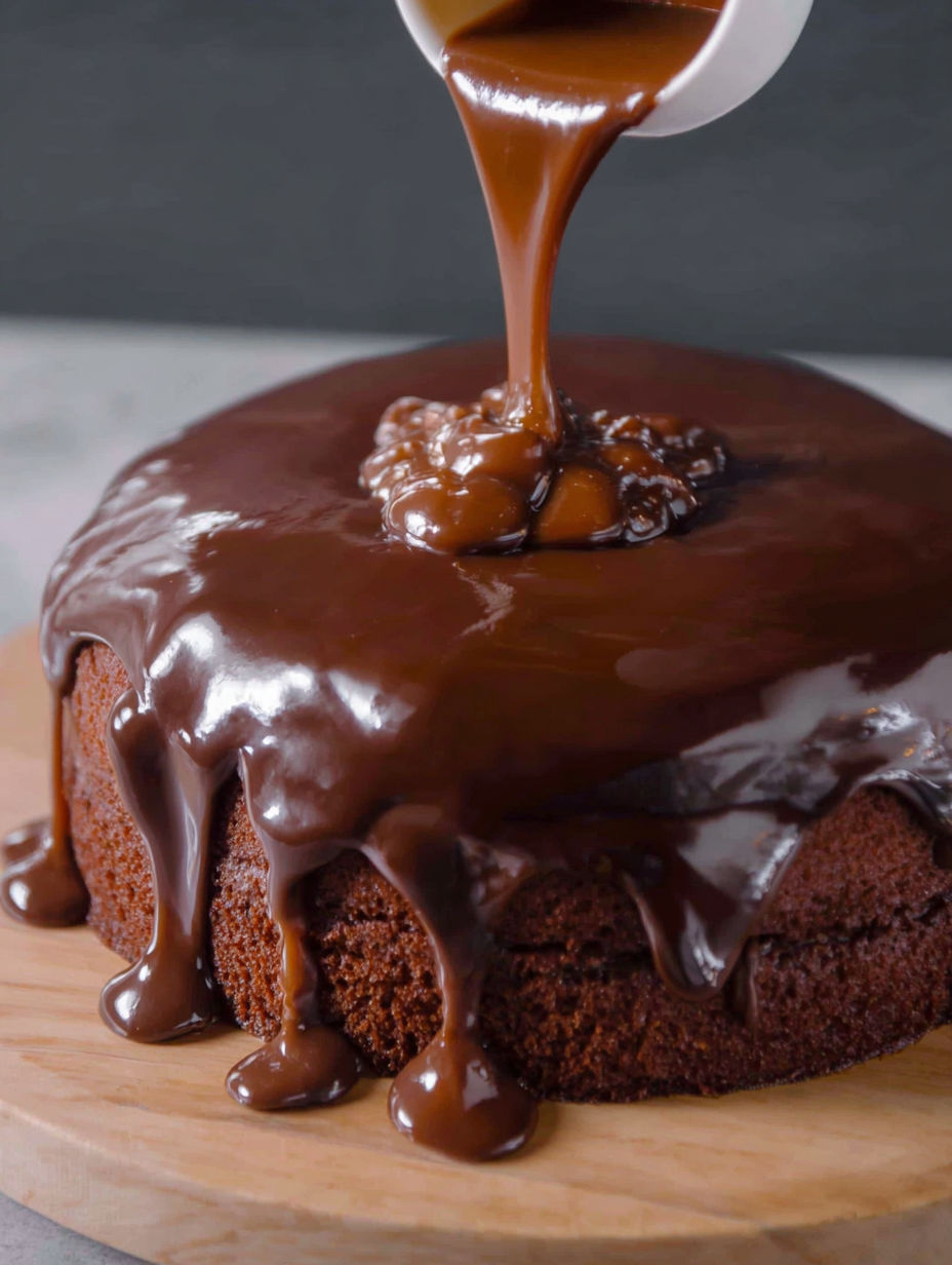 A chocolate cake with chocolate drizzled on top.