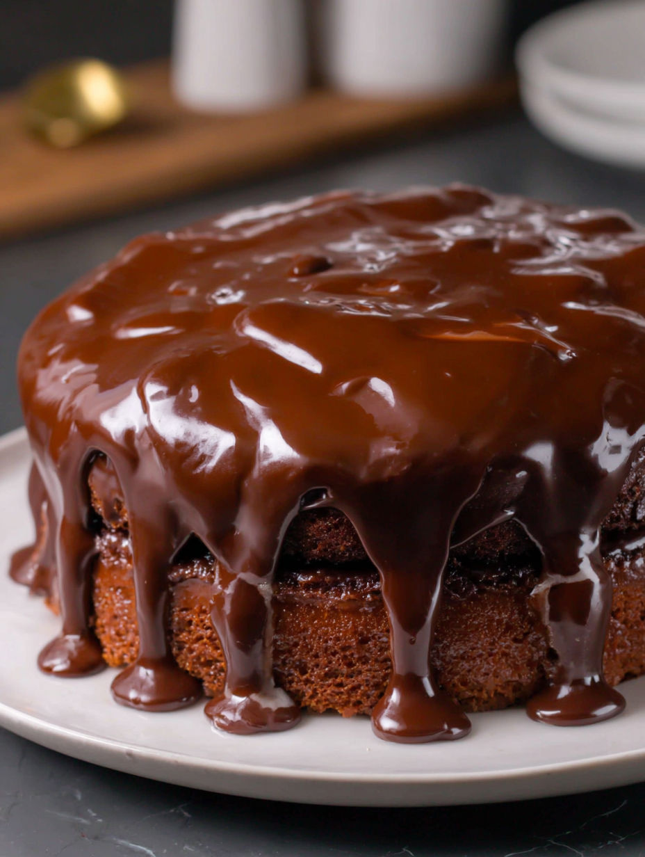 A chocolate cake with chocolate drizzle on top.