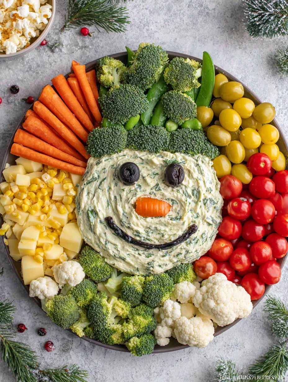 A veggie platter with a snowman made out of vegetables and two dips.