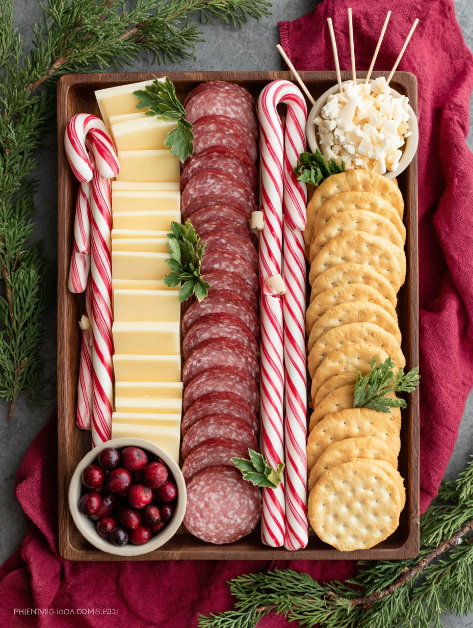 A wooden tray with a variety of food items including salami, cheese, crackers, and candy canes.