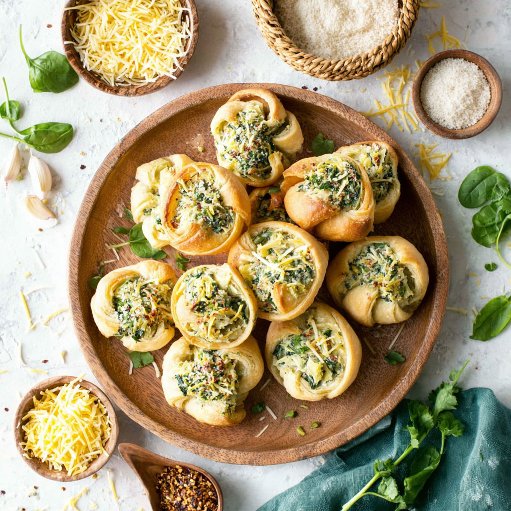 A plate of tree-topped spinach artichoke crescent cups.