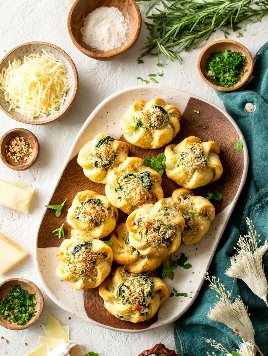 A plate of tree-topped spinach artichoke crescent cups.
