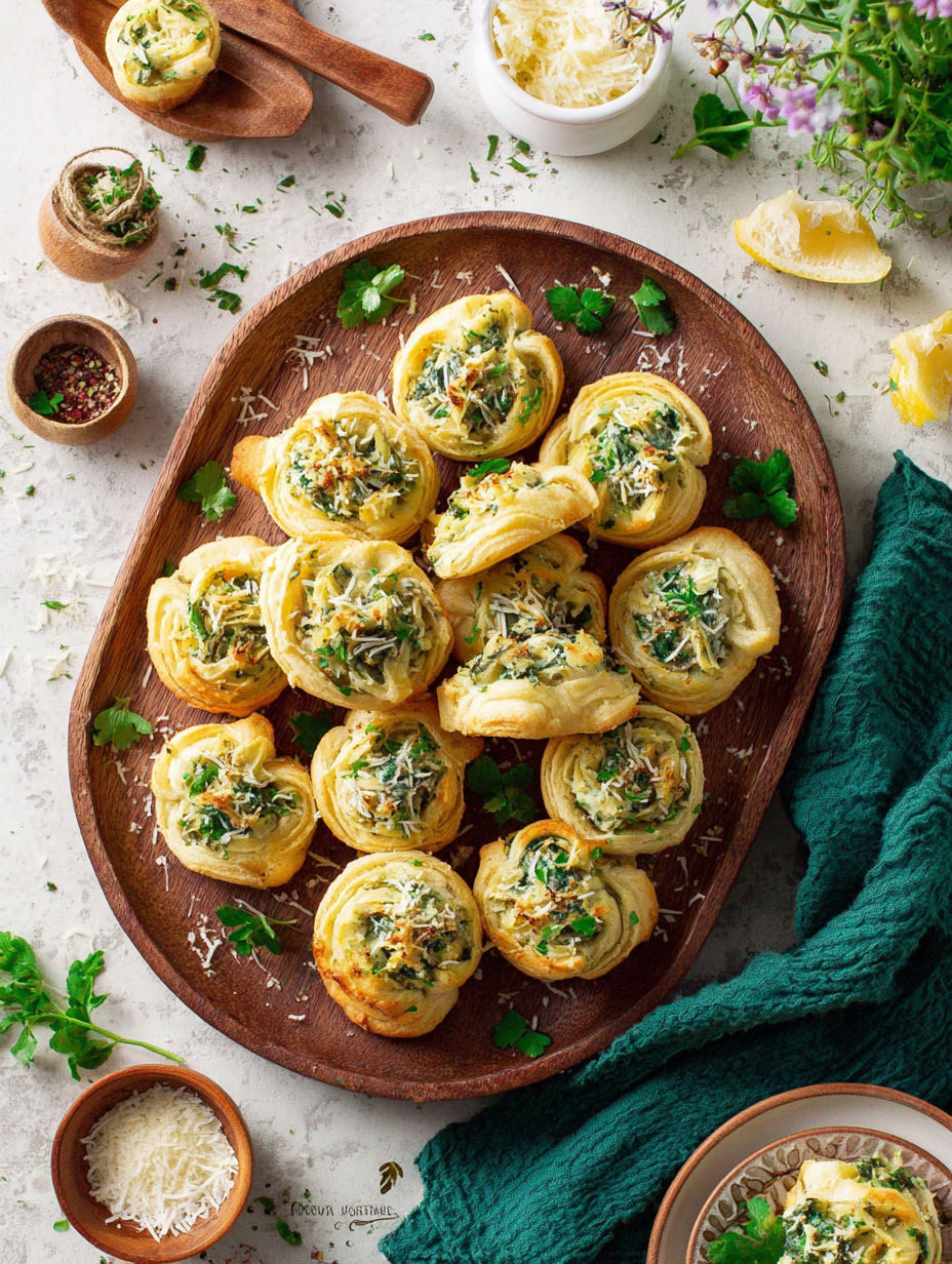 A wooden tray holds a dozen tree-topped spinach artichoke crescent cups.