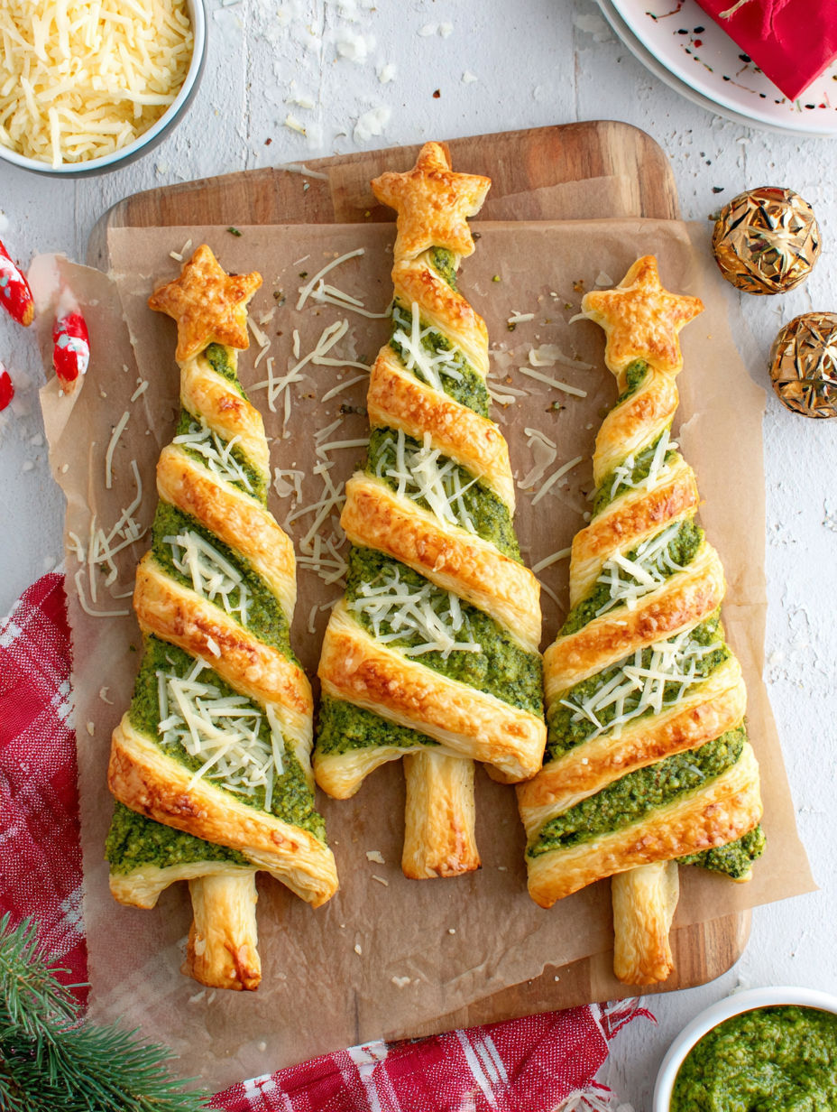 Two pesto puff-pastry Christmas tree twists.