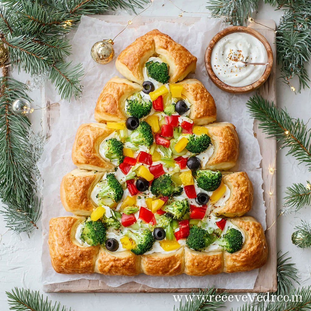 A veggie pizza shaped like a Christmas tree.