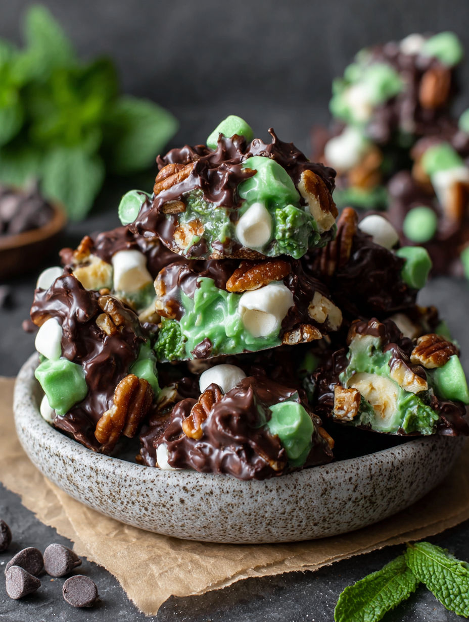 A bowl of chocolate mint clusters.
