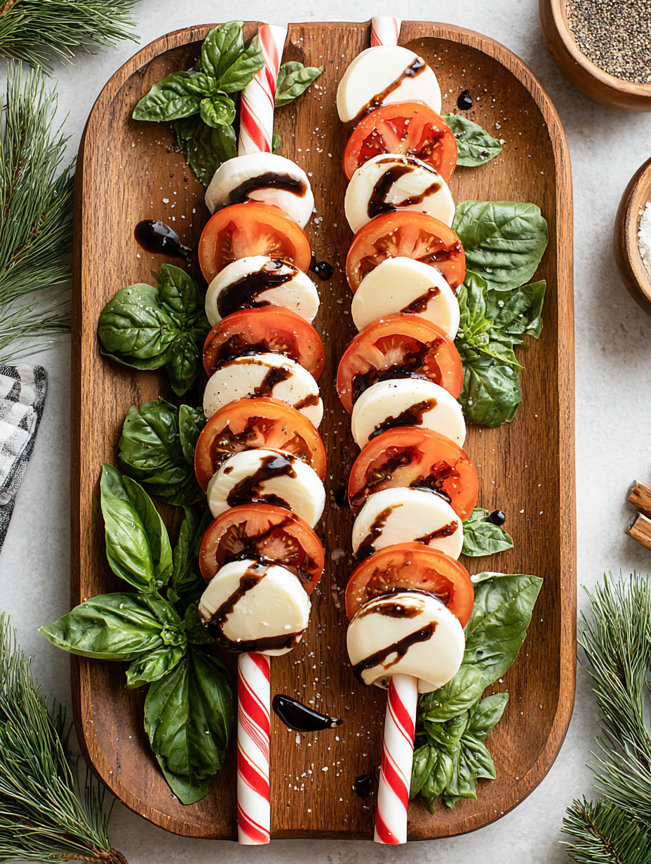 Caprese Candy Cane with tomatoes and basil.