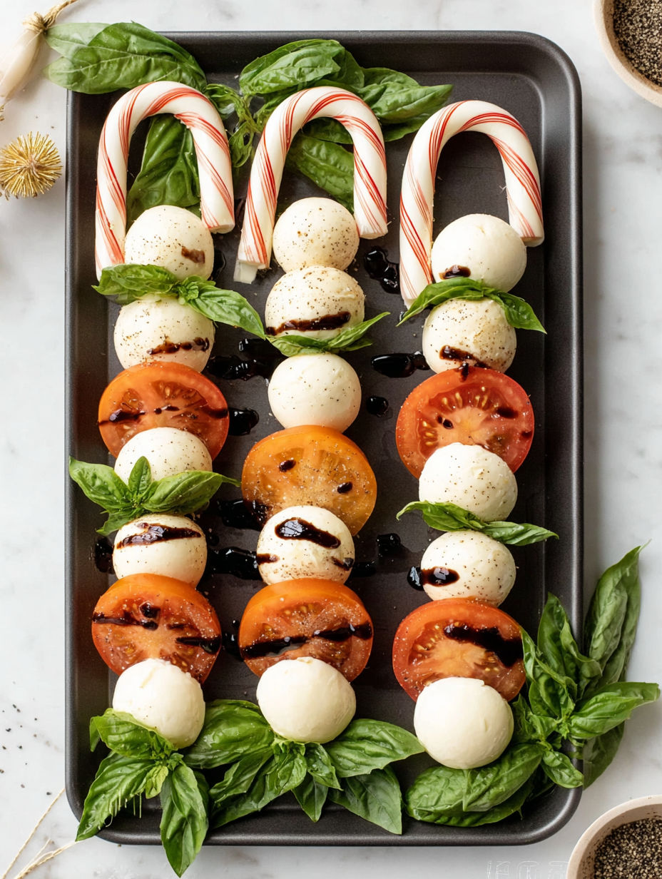 Caprese candy canes with tomatoes and basil.