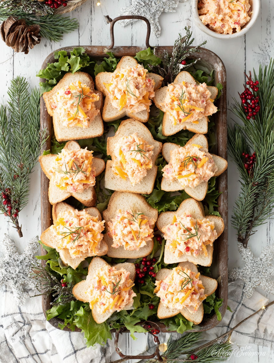 A tray of pimento cheese star sandwich bites.