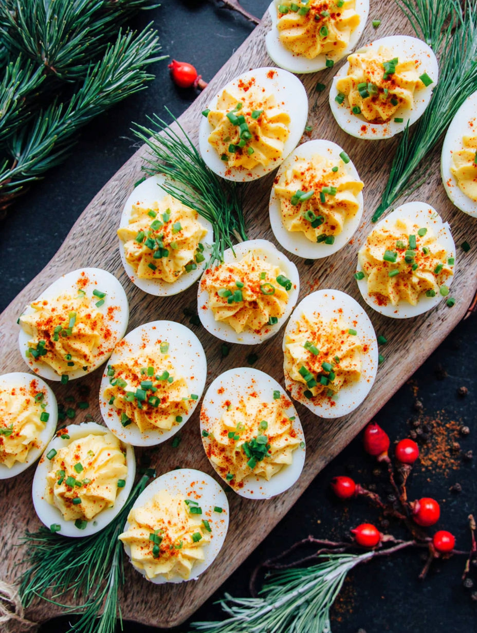 A wooden platter with a dozen deviled eggs.