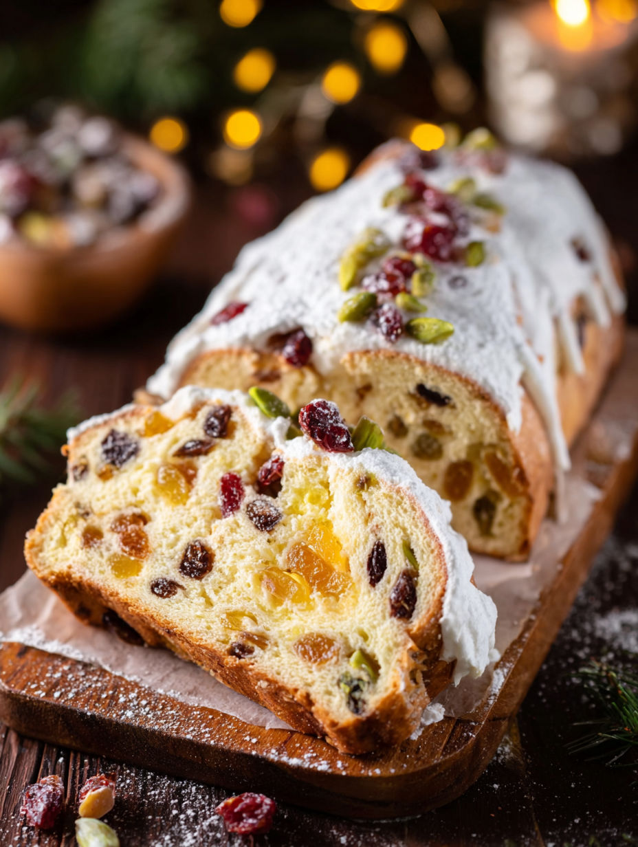 A loaf of bread with white icing and fruit on top.
