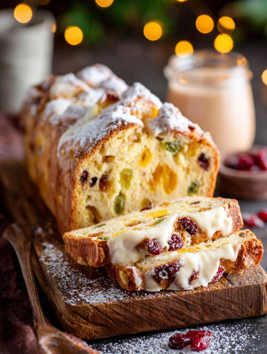 A slice of bread with white frosting and red fruit on top.