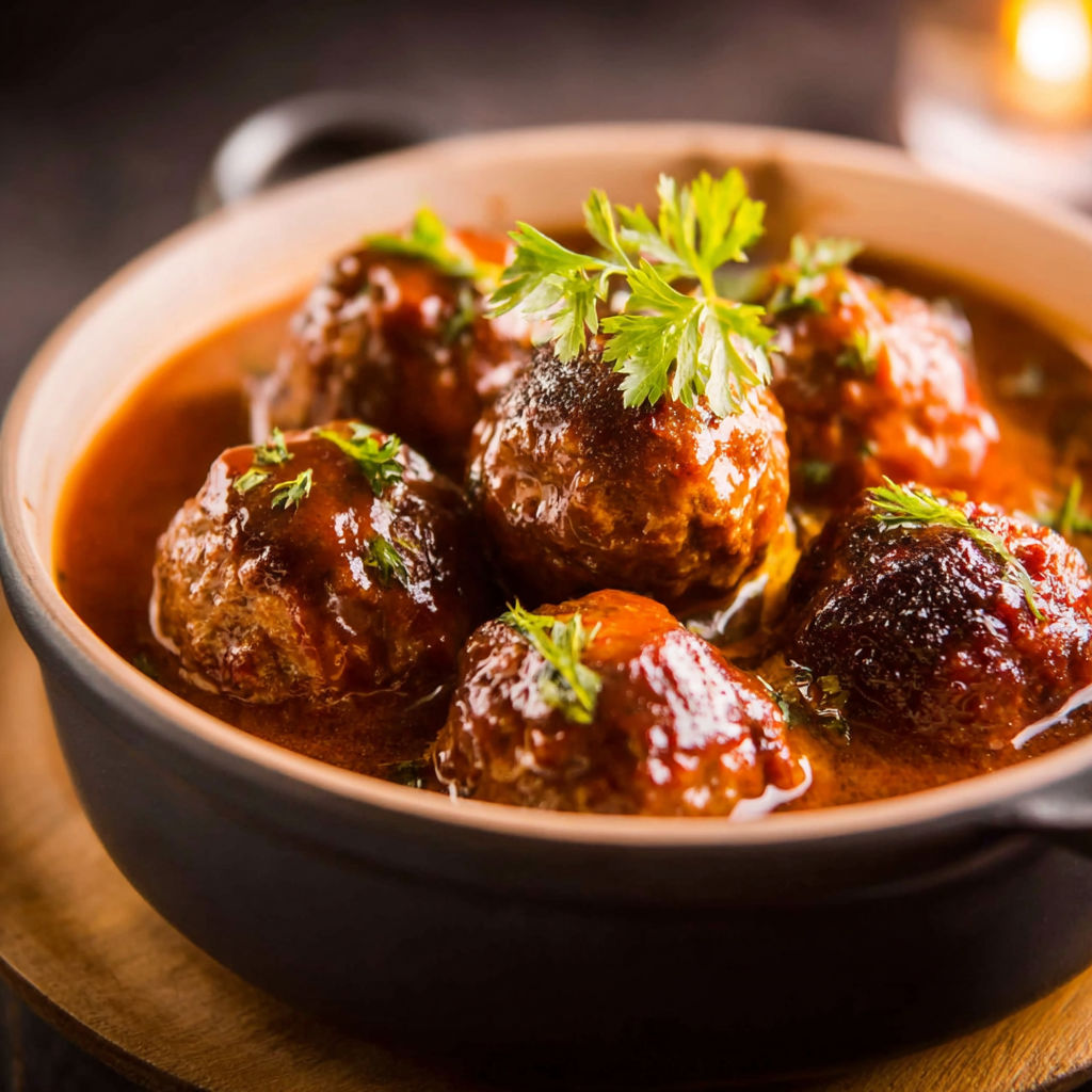 A bowl of meatballs simmering in a brown sauce.