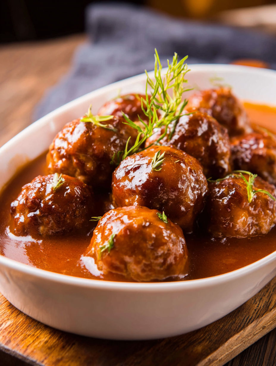 A bowl of meatballs in a brown sauce.