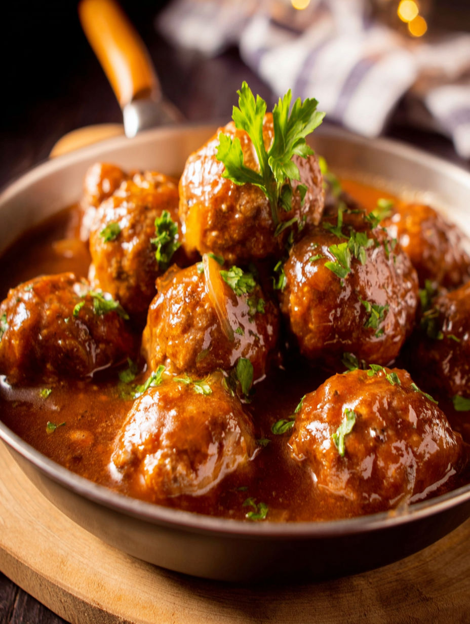 A bowl of meatballs in a brown sauce.