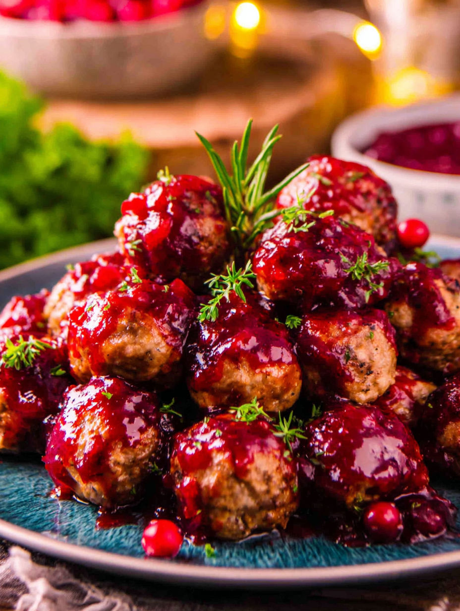 A plate of meatballs covered in cranberry sauce.