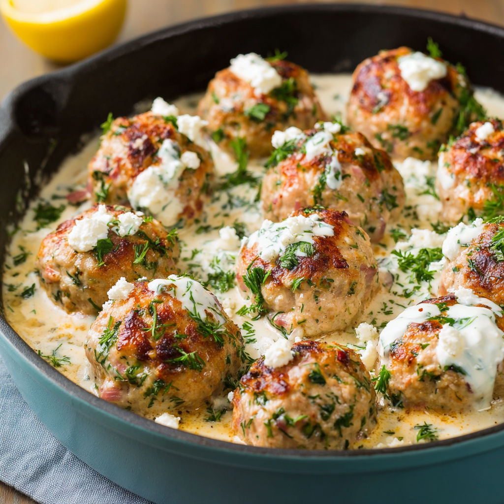 A pan of meatballs with white sauce.