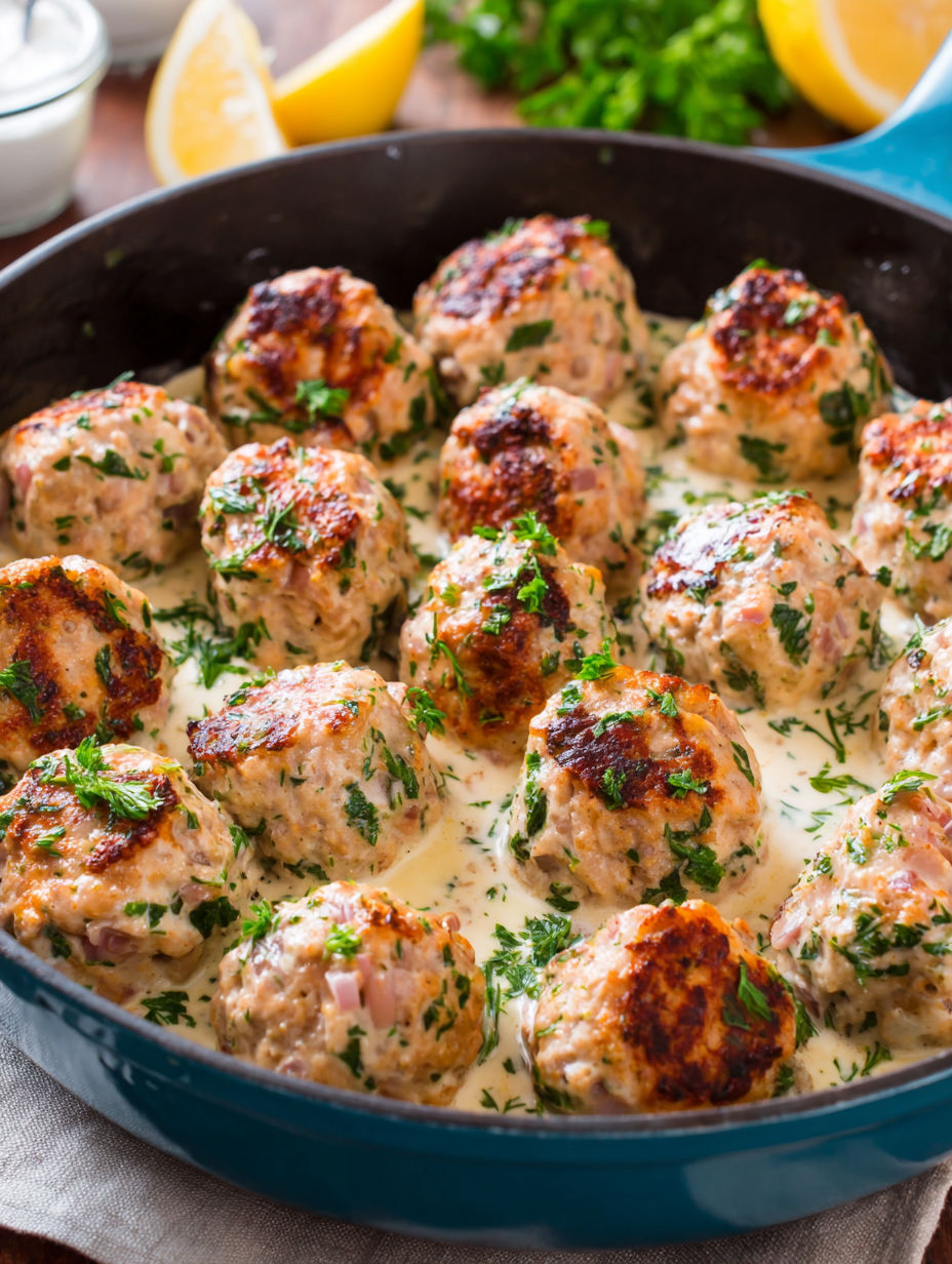 A pan of meatballs with a white sauce.