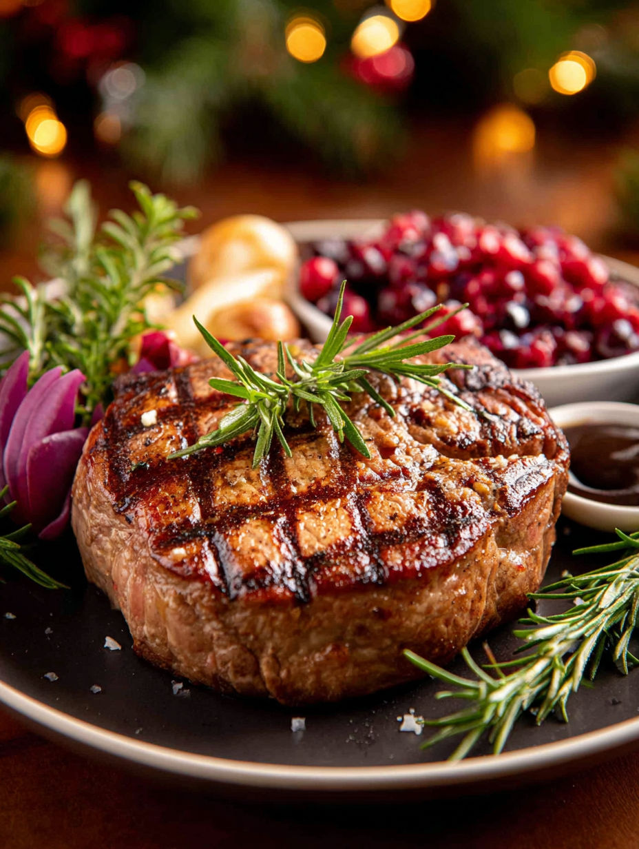 A plate of meat and vegetables with a Christmas theme.