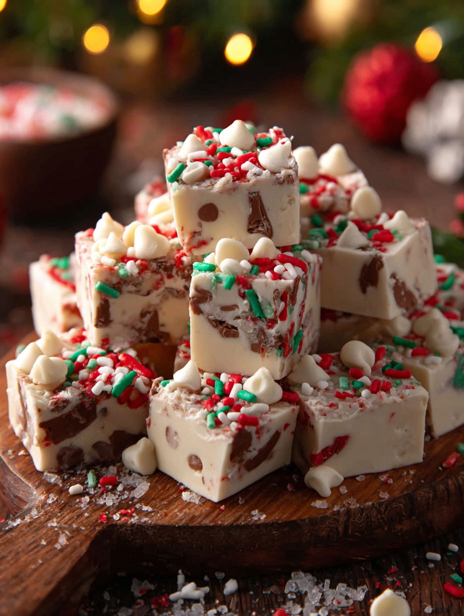 A stack of Christmas fudge treats.