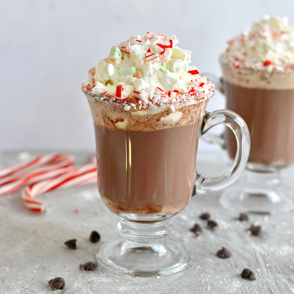 A glass of homemade peppermint hot chocolate.